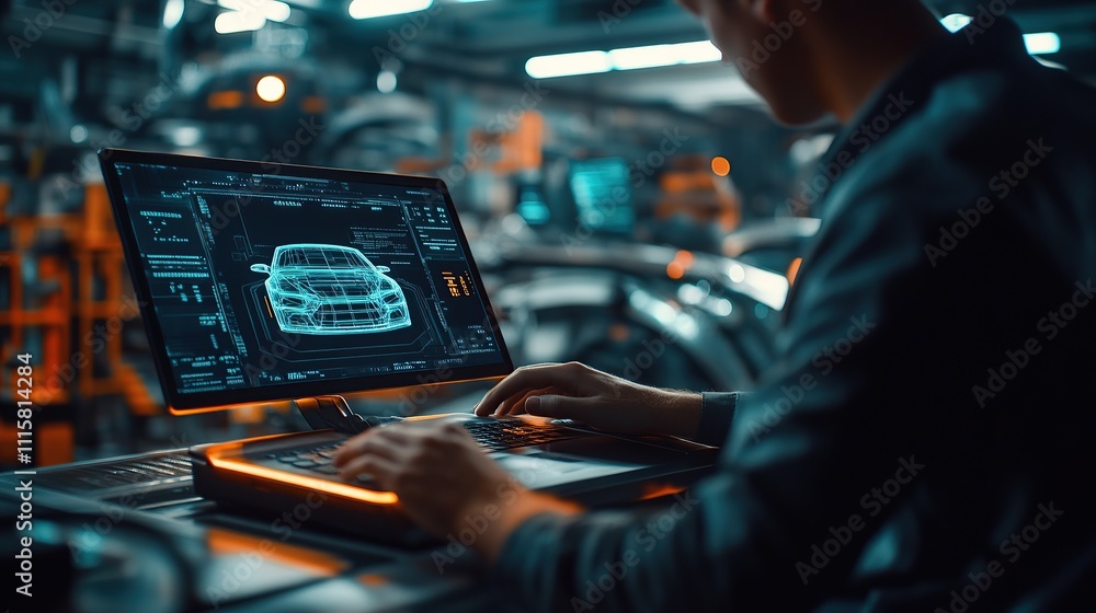 Poster a person analyzes a car model on a computer in a high-tech workshop.