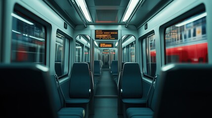 Fototapeta premium Interior view of a modern train carriage with empty seats.