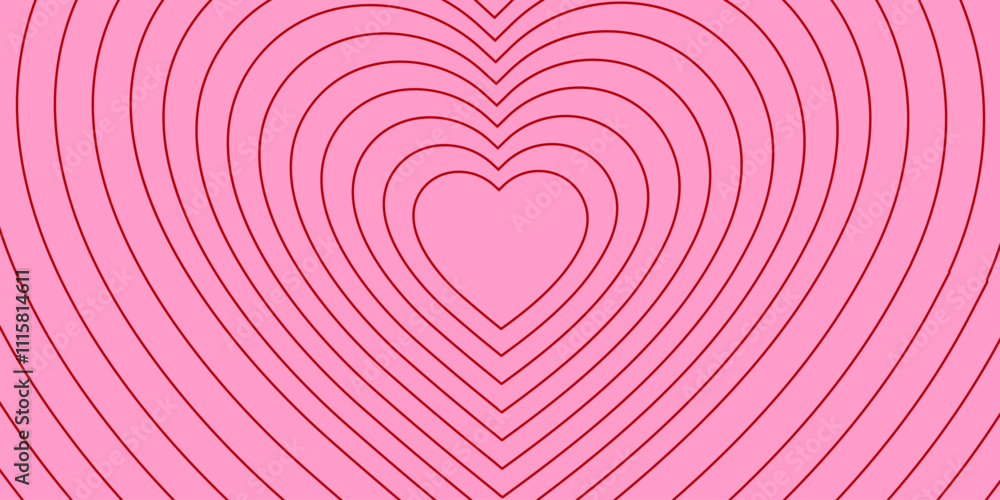Poster monochrome horizontal background of linear heart shaped tunnel. aesthetic romantic pattern. pink and