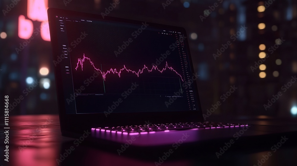 Poster a laptop displaying a fluctuating data graph in a dimly lit urban setting.