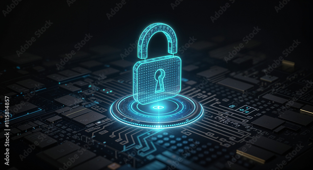 Poster security lock icon. neon holographic cyber security interface . generative ai