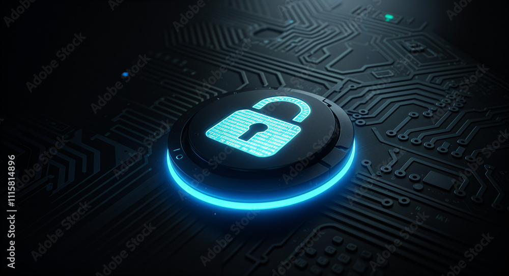 Poster security lock icon. neon holographic cyber security interface . generative ai