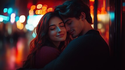 Obraz premium A couple embraces warmly in a vibrant, colorful urban setting.