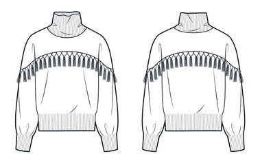 Tassel Trim Sweater technical fashion illustration. Sweater fashion flat technical drawing template, roll neck, oversize, front and back view, white, women, men, unisex Top CAD mockup.