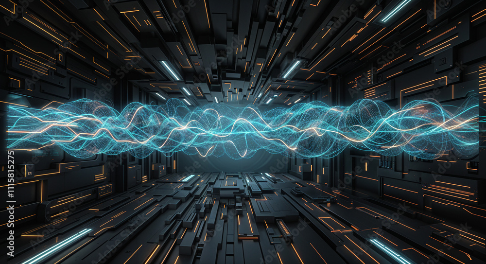 Poster abstract technological background with 3d holographic interface and microcircuits . generative ai . 