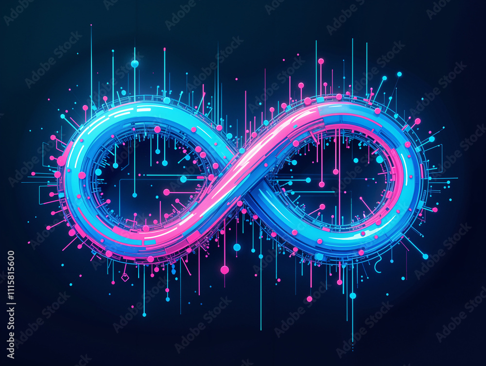 Poster neon infinity sign in the form of intertwined digital lines of microcircuits . generative ai