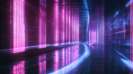 Neon pink and blue glowing lines in futuristic corridor.