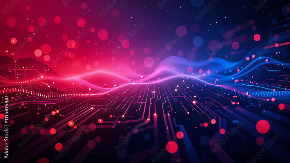 Poster neon circuits lines and waves background . generative ai