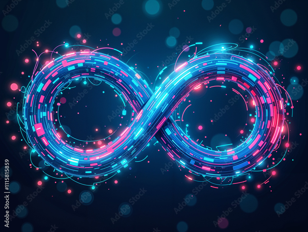 Poster neon infinity sign in the form of intertwined digital lines of microcircuits. generative ai