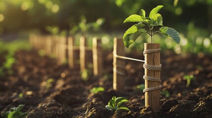 64.A detailed image of a single sapling supported by a series of evenly spaced wooden stakes and crisscrossing ropes. The stakes are firmly embedded in the ground, with the ropes gently but firmly