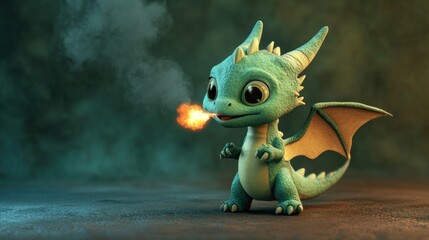 Adorable Baby Dragon Breathing Fire Smoke