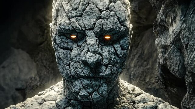 Stone golem awakening opening glowing eyes