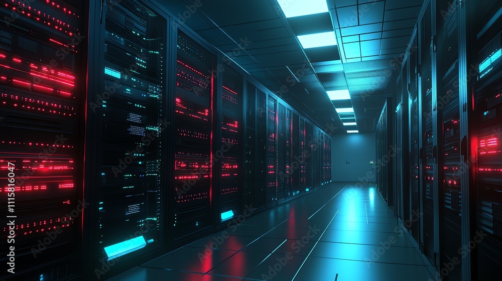 Poster a long hallway in a data center with server racks on either side, lit with blue and red lights.