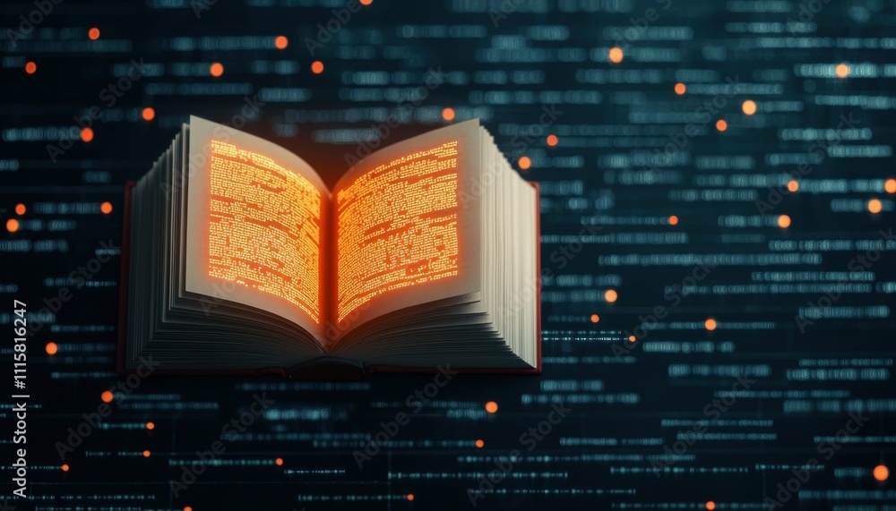 Poster glowing open book on digital code background knowledge technology
