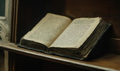 An open, aged book resting on a wooden shelf, showcasing its pages.