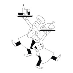 Cooks bring trays with food and drinks. Vector black outline image.
