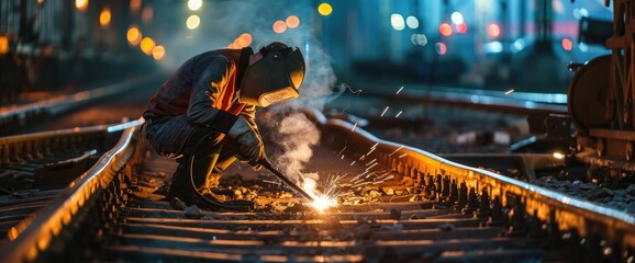 A worker in safety gear and protective glasses is working on the railroad tracks, welding them together with an industrial welding machine to create new paths for trains.