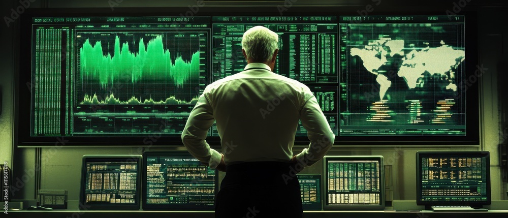 Poster analyst examining financial data and trends on multiple screens