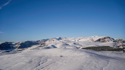 Beautiful landscape of the Bucegi mountains in winter season with snow all around. They are part of the Southern Carpathians group of the Carpathian Mountains. 