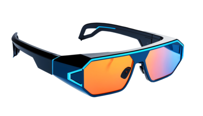 A pair of futuristic sunglasses with a sleek, angular design and glowing blue accents. The lenses offer a unique, mirrored finish