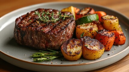 Grilled filet mignon steak with roasted vegetables on a gray plate.