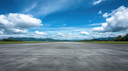 Expansive Sky and Clear Runway Under Bright Clouds and Mountains