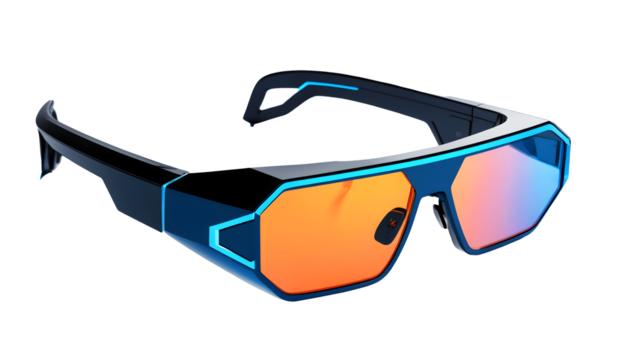 A pair of futuristic sunglasses with a sleek, angular design and glowing blue accents. The lenses offer a unique, mirrored finish