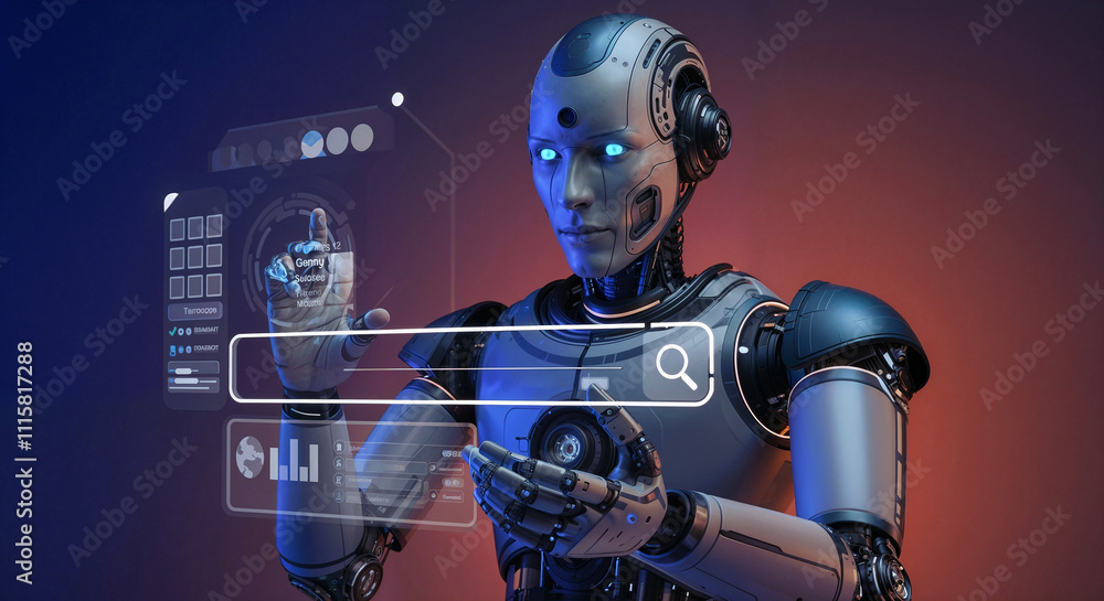 Poster futuristic robot and holographic search interface . generative ai