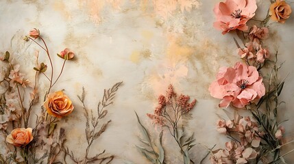 Layered paper textures with botanical accents and warm muted tones for a cozy boho style 