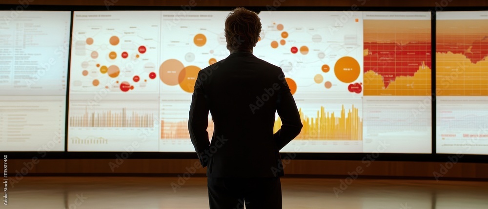 Poster data analyst examining visualized business statistics and charts