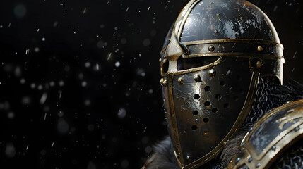 A close-up of a medieval knight's helmet, showcasing intricate details and weathered texture.