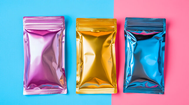 3 different colors of foil mylar pouches, solid color background.