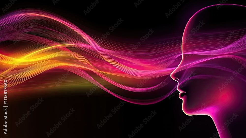 Poster abstract representation of colorful waves emanating from a face