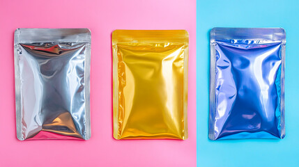 3 different colors of foil mylar pouches, solid color background.