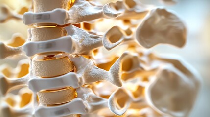 89.A detailed 3D model of the human lumbar spine, showing metallic implants integrated into the vertebrae for stabilization. The illustration features a semi-transparent view of muscles and nerves,