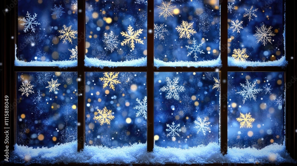 Poster snowflakes falling on window pane creating a winter wonderland scene