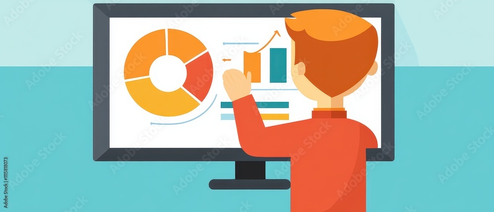 Poster businessman analyzing financial data on computer screen