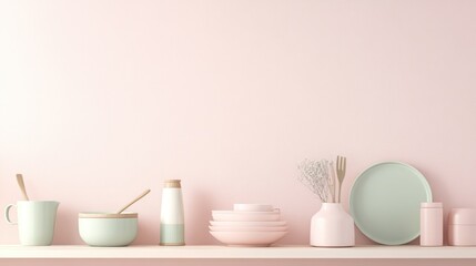 Fototapeta premium Pastel Kitchenware Arranged On A Shelf Against A Pink Wall