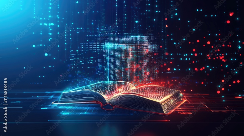 Poster futuristic open book with digital data flowing around it