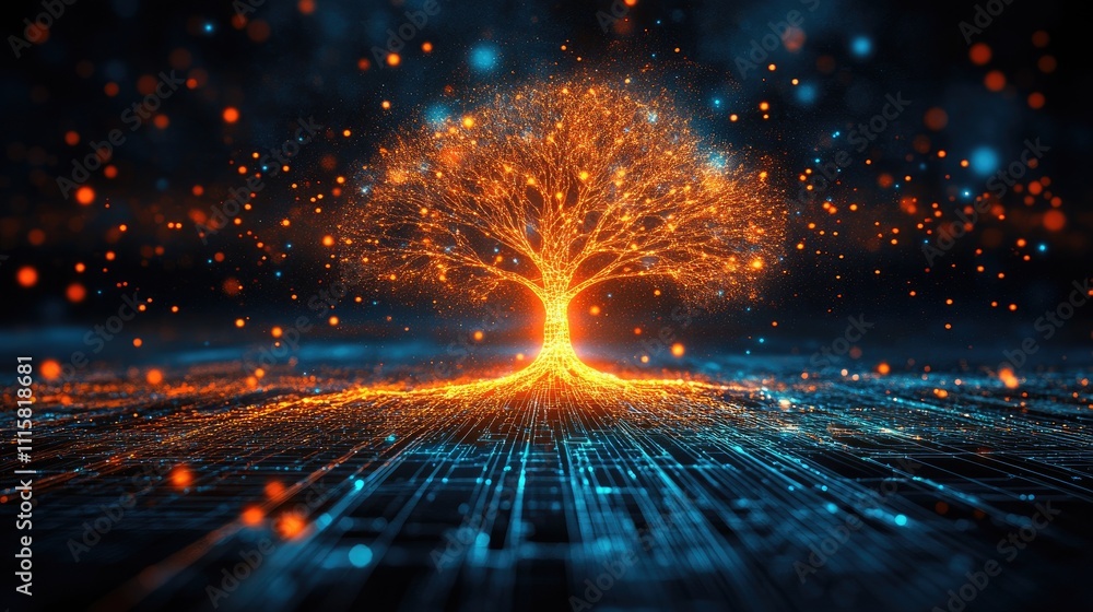 Poster glowing digital tree with sparkling lights and abstract background