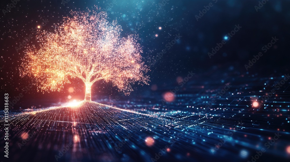 Poster ethereal tree of light and data against a dark background