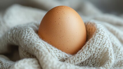 A close-up of a brown egg on a white fluffy surface.