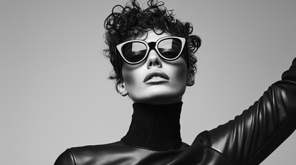 Artistic black and white photograph of a model in avant garde fashion