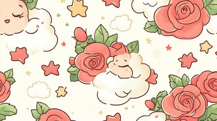 A whimsical pattern featuring clouds, roses, and stars, creating a dreamy and playful atmosphere.