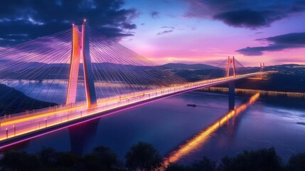 Obraz premium A stunning cable-stayed bridge illuminated at sunset over a river.