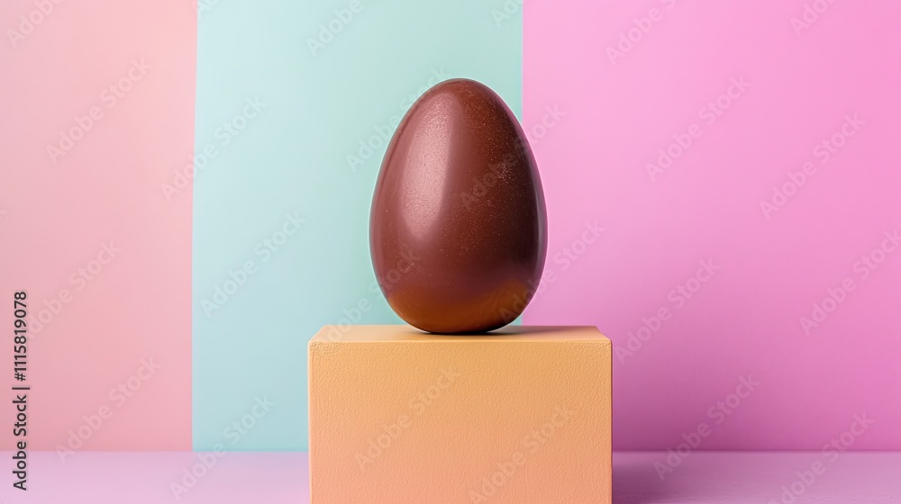 Poster chocolate egg on display with colorful background and stand