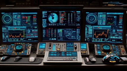 Obraz premium Futuristic Tech Control Room: Triple Monitor Setup with Advanced Data Displays and Peripherals
