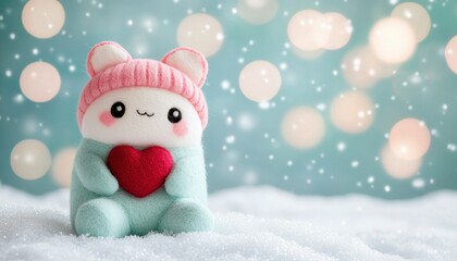Cute Kawaii Felt Animal Toy in Winter Snow Scene Heart Bokeh Lights