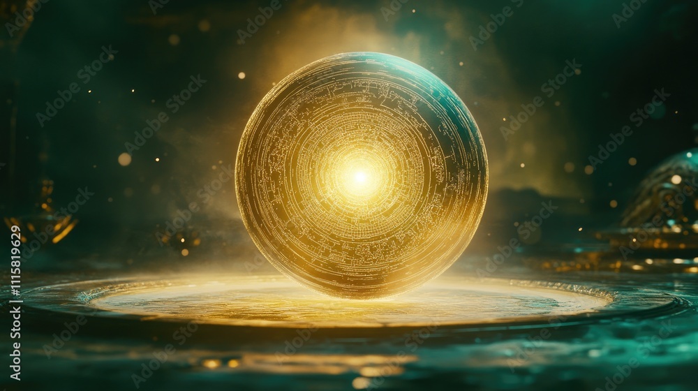 Poster glowing golden sphere with intricate patterns and mystical background
