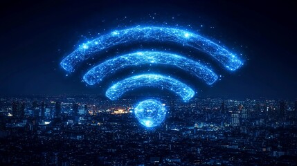 Abstract wireless network symbol over cityscape at night.